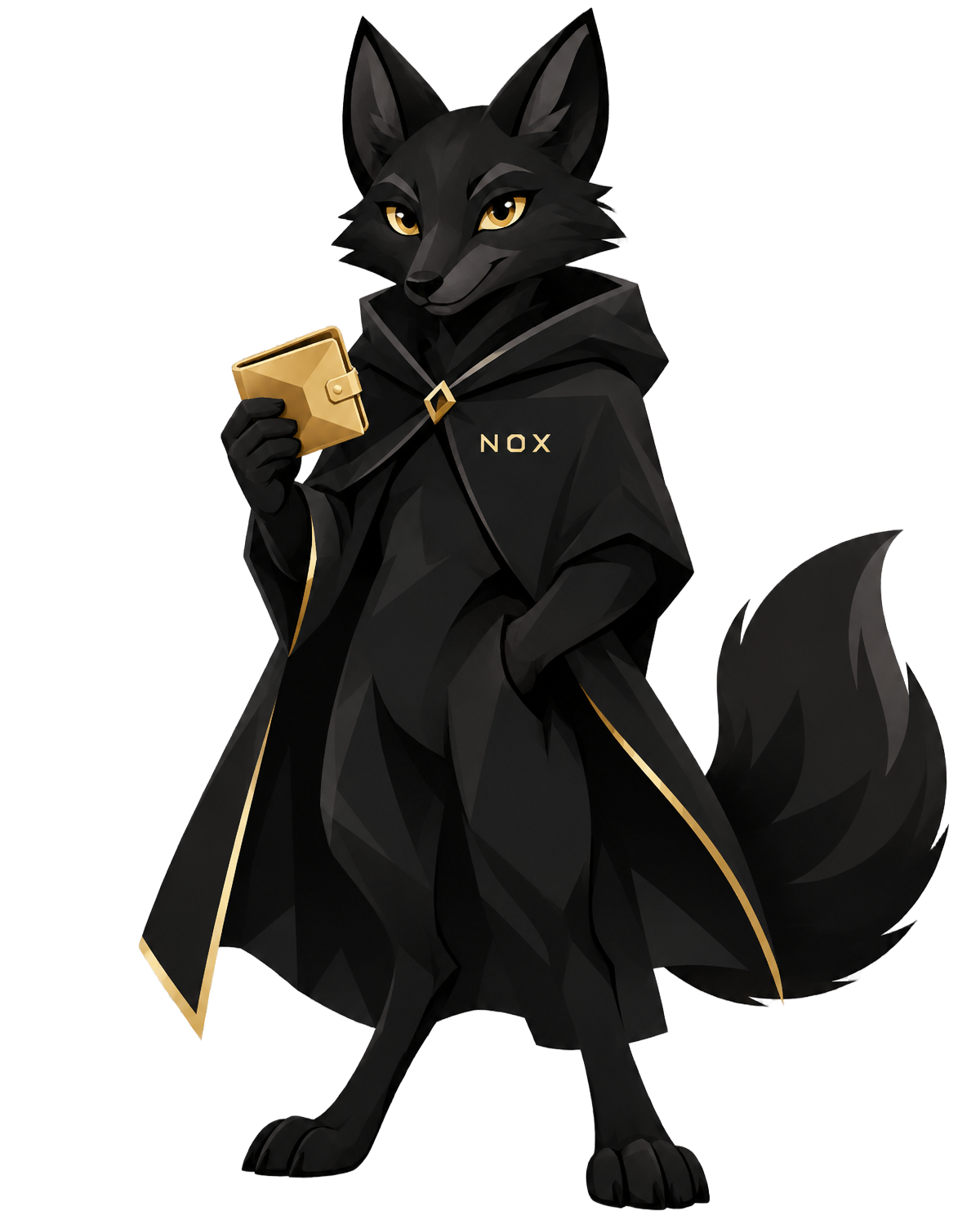 Nox the black fox holding a privacy wallet